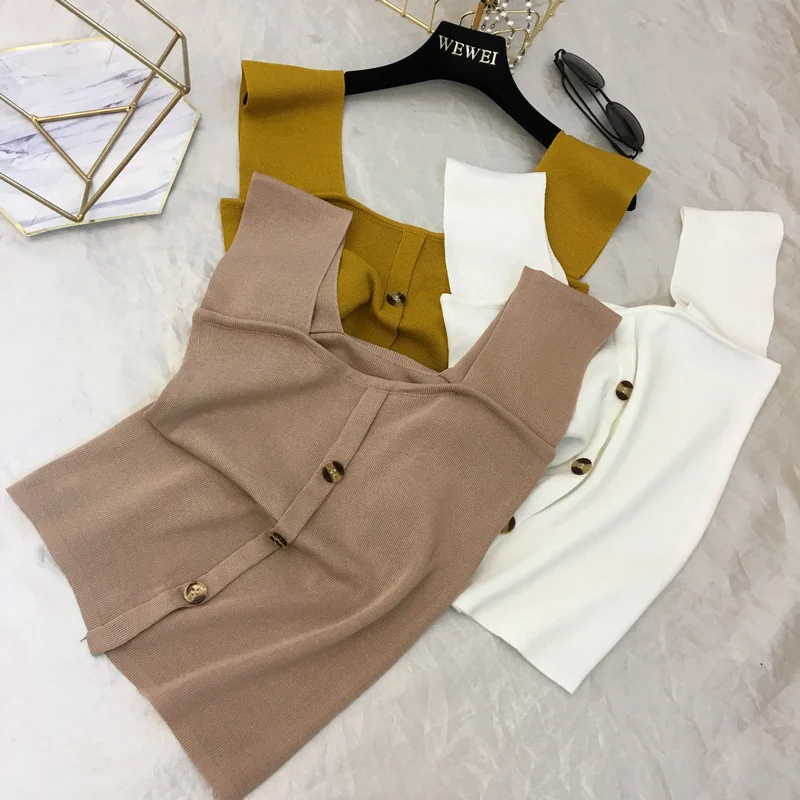 

2018 Spring Single-row Buckle Knit Crop Top Women's Square Neck Wipe Chest Knitted Vest T Slim Camisole Tank All-match Basic Top