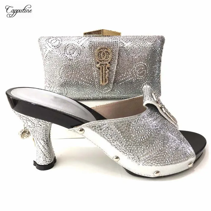 

New arrival silver high heel sandal shoes with evening bag sets with rhinestones for wedding party 6636-9 heel height 9cm