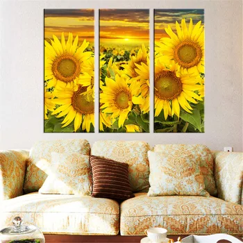

Sunflower Oil Painting Flower Wall Picture for Living Room Unframed Modular Painting Wall Art Canvas Prints 3 pieces