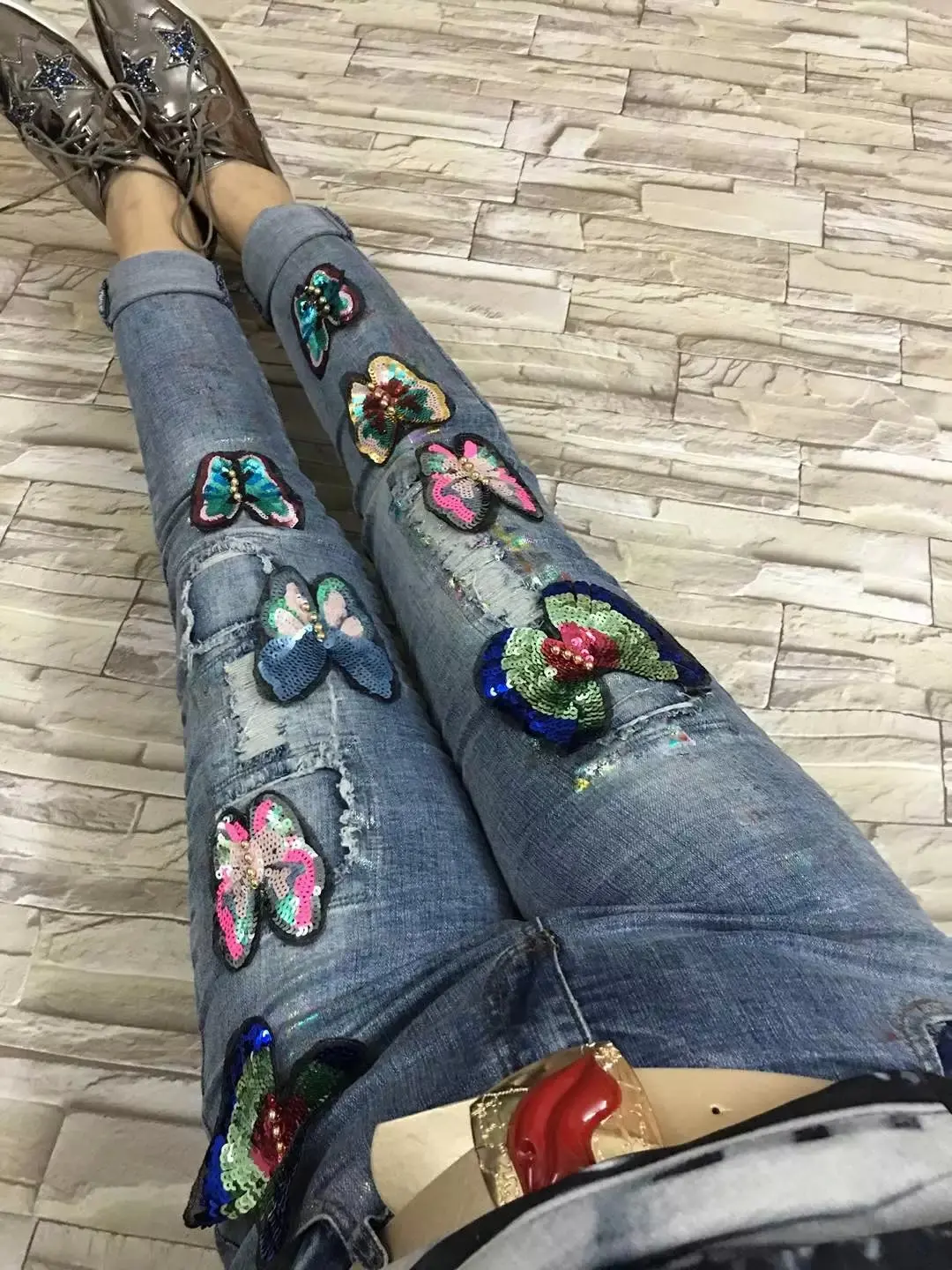 sequin ripped jeans