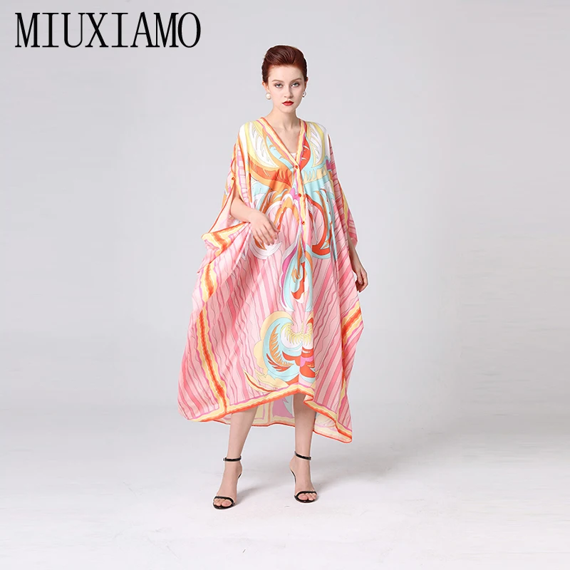 

MIUXIMAO Plus Size Dress 2019 Summer New Arrival V-Neck Flower Print A-Line Floor-Length Loose Long Dress Women