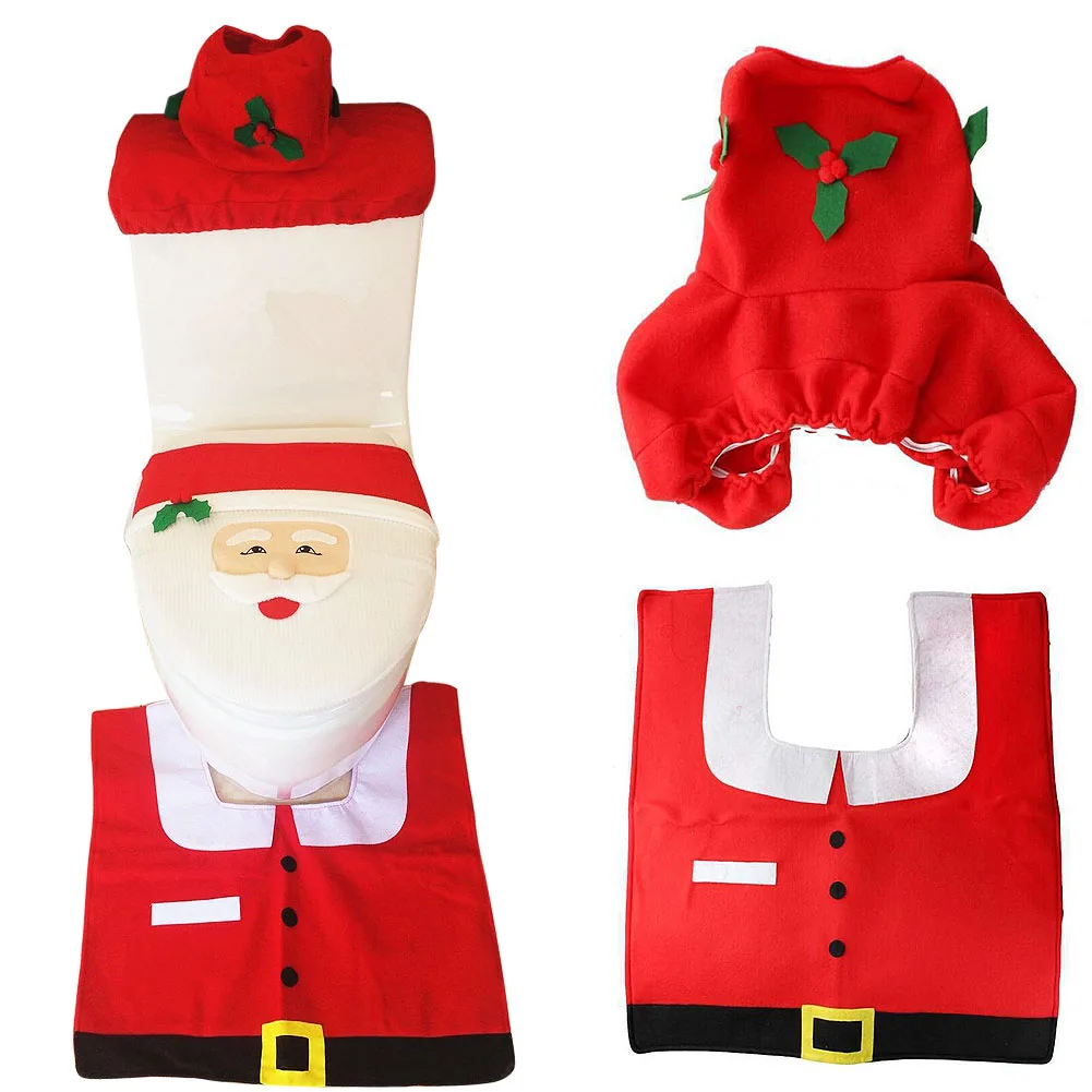 Hot Sale 3 in 1 Set Christmas Decorations Santa Claus Toilet Seat Cover Bathroom Water Tank Towel Set Toilet Cushion Potty BS