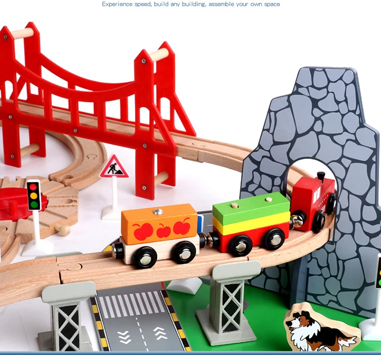 100 pieces of Elm rail traffic scene small train set wooden track toy children's puzzle diy assembled building blocks toys