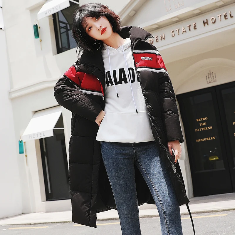 Hiver Coton Femmes Rouge Lettre Rayé Doublure Couple Nouveau Noir Noir rouge Dames Manteaux Veste Imprimer Zipper 2018 Rembourré Femme Épais Parka SzZqFw5Zn