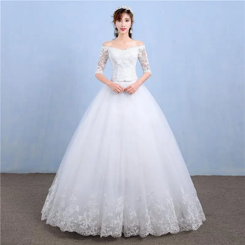 

Vestido De Noiva 2019 New Simple Boat Neck Wedding Dress Flower Half Sleeve Plus Size Custom Made Lace Up Wedding Gown L