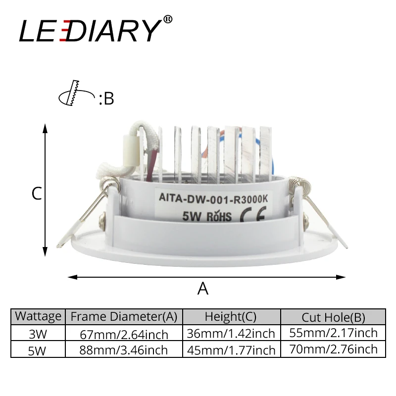 Светодиодный IARY COB светодиодный локальный светильник реальную 3W 5W 110 V-240 V белый Потолочный Светильник Спот 2,2 дюйма 55 мм 75 мм Вырезать отверстие нет мерцания осветительных приборов