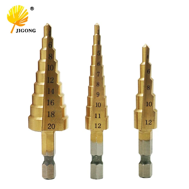 JIGONG 3pcs/Set Titanium Step Drill Bits HSS Power Tools High Speed Steel Hole Cutter Wood Metal Drilling 3-12mm 4-12mm 4-20mm