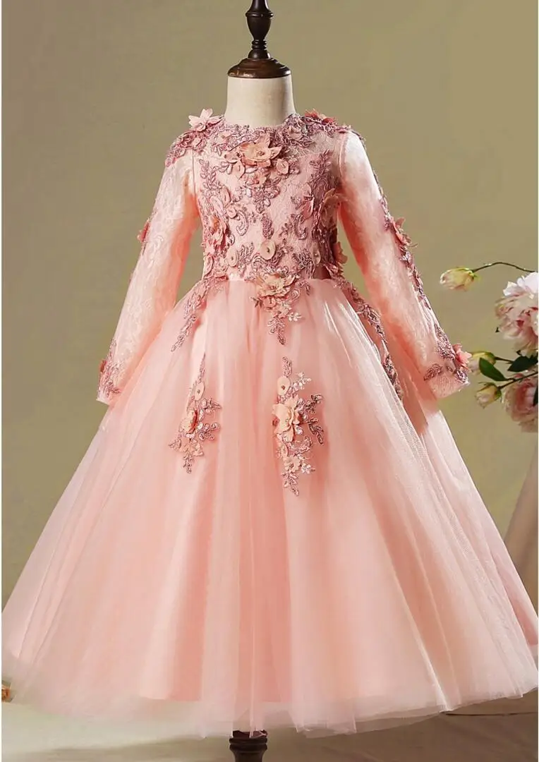 

Glizt Girl Wedding Dress Long Sleeve Pink Bead Appliques Lace Party Princess Birthday Dress First Communion Flower Girl Gown