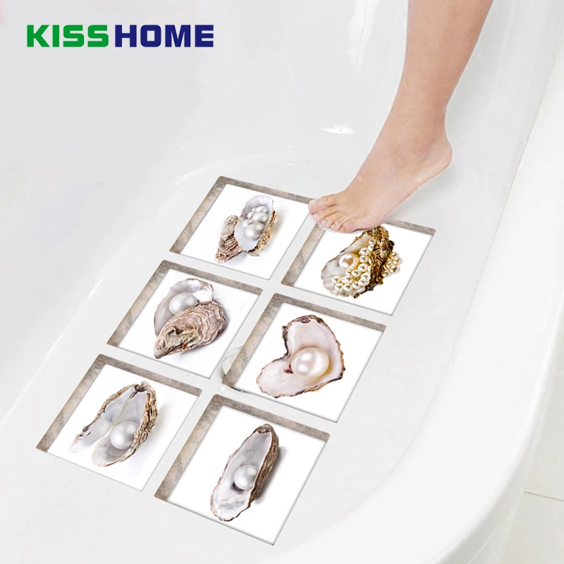 

6pcs/bag Bathtub Stick Wall Sticker Imitation 3D Realistic Creative Bathroom Children Safe Mat 15cmx15cm Pearl Shell Jigsaw Mats