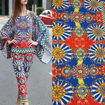 

220x145cm 100%Polyester For Dress Fabric Sicily Style Windmill Print Linen Fabric Women Dress Polyester Fabric