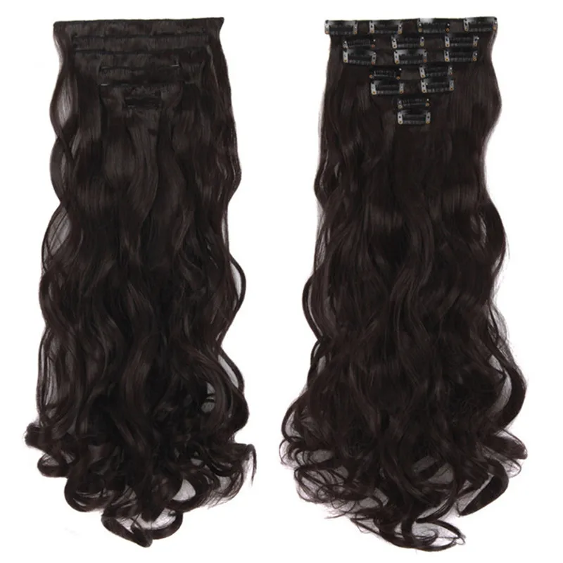 Long Wavy 7Pcs Clips In Hair Extensions Heat Resistant Synthetic Wigs For Women Black Brown Blonde Ombre Fake Hair MapofBeauty