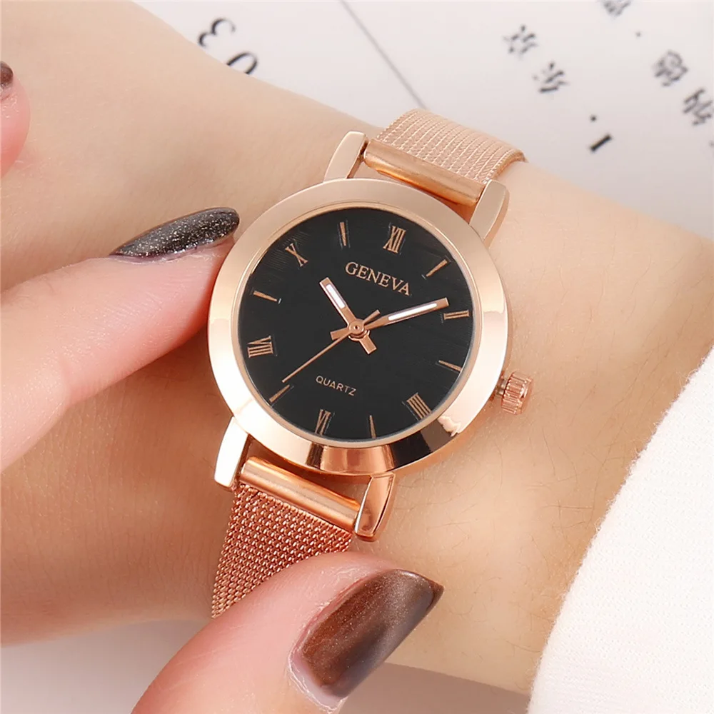 

New Fine Ribbon Simple Roman Calibration Quartz Watch Women's Fashion Ladies Alloy Mesh Ribbon Watch