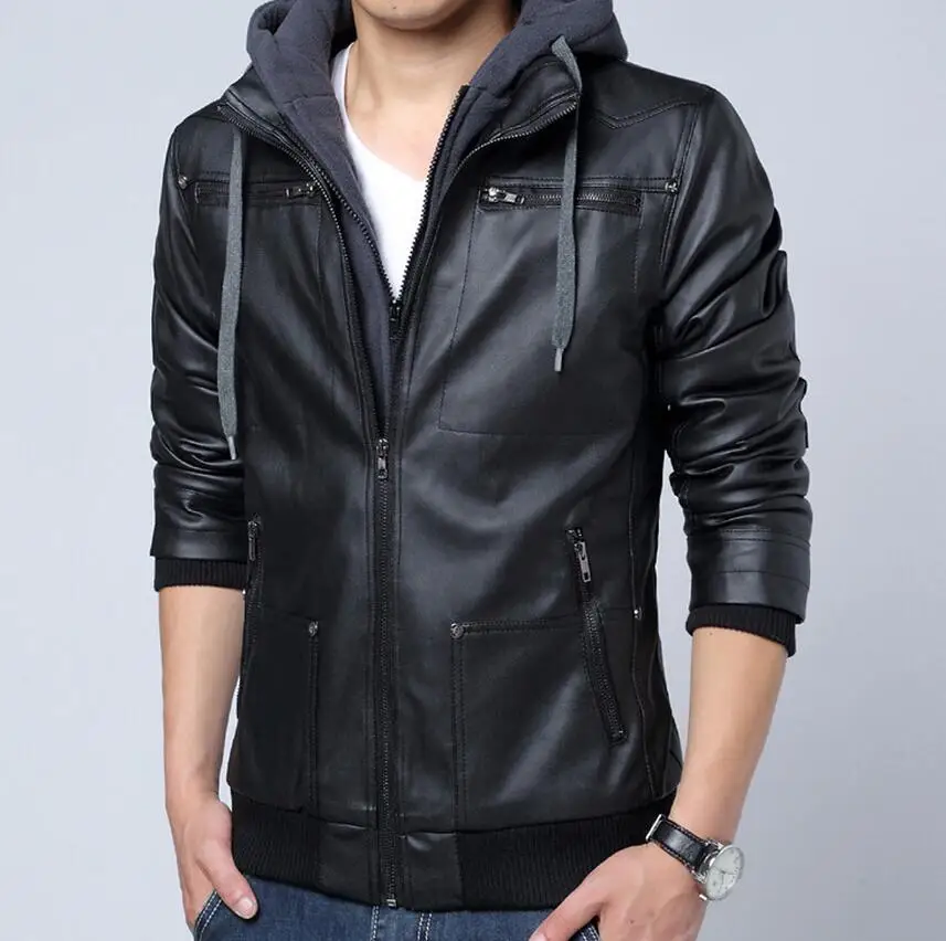 

Free shipping Burst 2019 new hooded large size men's clothing leather casual motorcycle coat black jacket / M-4XL