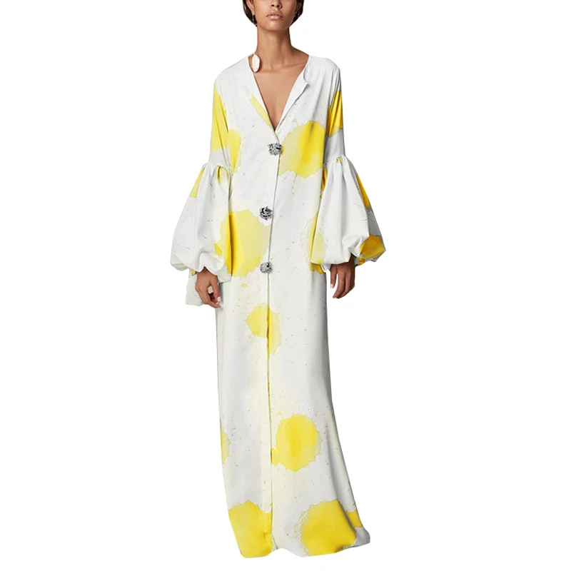 

Casual Shirt Dress Summer Women's Yellow V-neck Print Loose Dress Plus size Lantern Sleeve and Ground Dress Elegant Women S-XXL