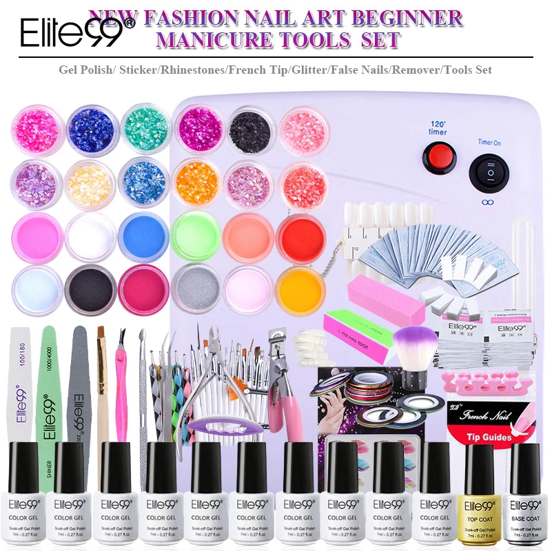 

Elite99 Pro Nail Tools Set 7ml Soak Off Nail Gel Polish UV Lamp Nail Buffer Clipper Cuticle Pusher Dotting Pens Brush Nail File