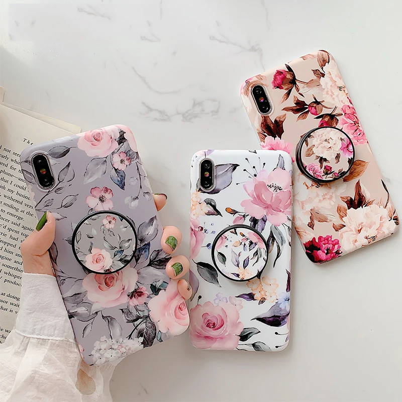 

Fashion Flower Leaves Stand Holder Case For iPhone 6 6S 7 8 Plus X XS XR XM Soft IMD fashion feather Covers For iPhone 7 7 Plus