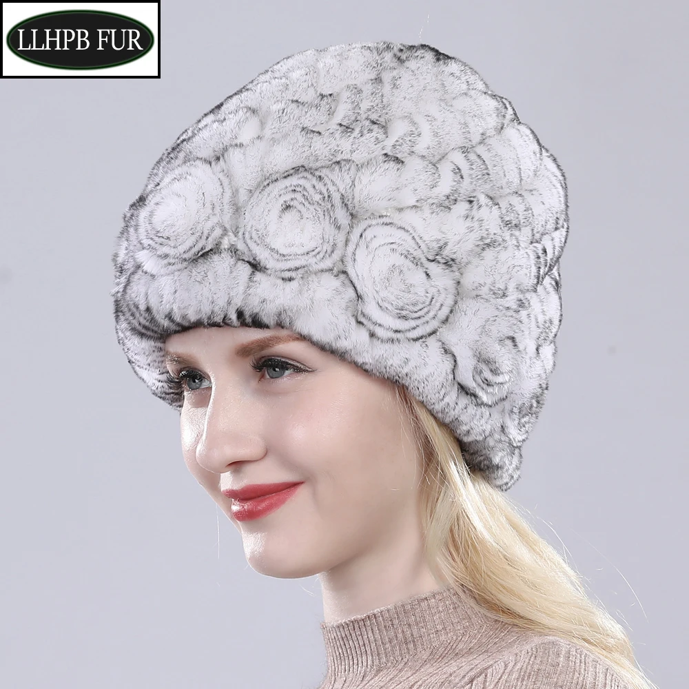 

Winter Fur Hats Warm Soft Women Floral Natural Rex Rabbit Fur Beanies Hat New Lady Handmade Knitted Genuine Rex Rabbit Fur Cap