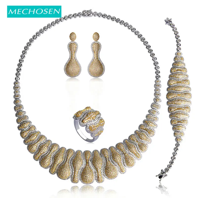 

MECHOSEN Luxury Women Wedding Jewelry Sets Gold-color Zircon Chokers Necklace Earrings Bracelet Ring 4 Piece parure bijoux femme