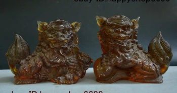

Old China Amber Fengshui Foo Fu Dog Guardion Lion Ball Lionet Animal Statue Pair