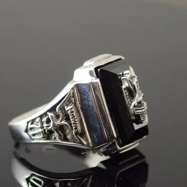 Таиланд Импорт, черный оникс кабошон ястребы значок 925 пробы Серебряное кольцо