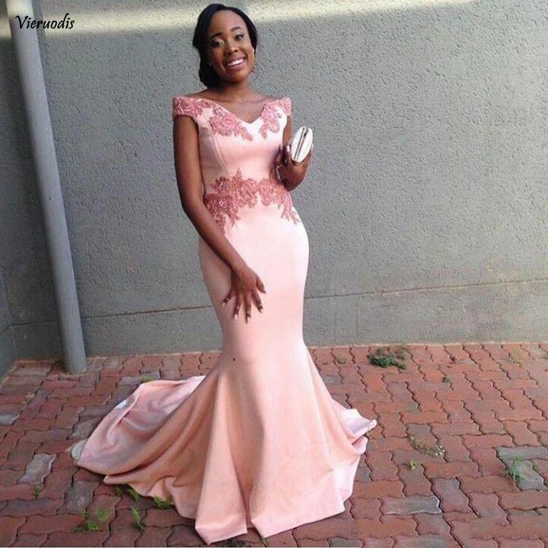 153-1              2019 Mermaid Off Shoulder Evening Dresses Lace Appliques Bead Sequin Africa Dress Sweep Train Prom Satin Bridesmaid Gowns