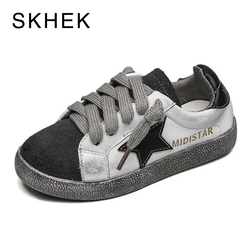 

SKHEK 2018 New Fashion Baby Girl Shoes Sport Star Boy Black Shoe Kid Glitter Sneaker Children Genuine Leather Breathable Trainer