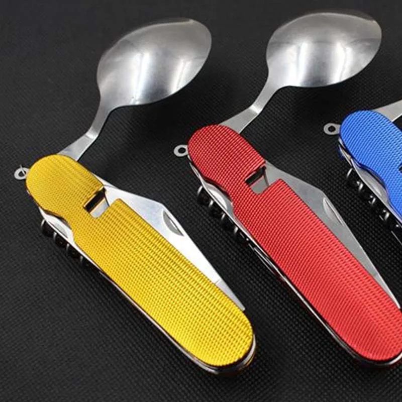 Nueva llegada plegable portátil de acero inoxidable cubiertos cuchillo tenedor cuchara deportes al aire libre Camping Picnic viaje vajilla Kits