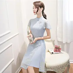 Элегантный Бизнес короткий рукав платье сексуальные кружева с цветочным принтом высокое Разделение Qipao Китайский Для женщин