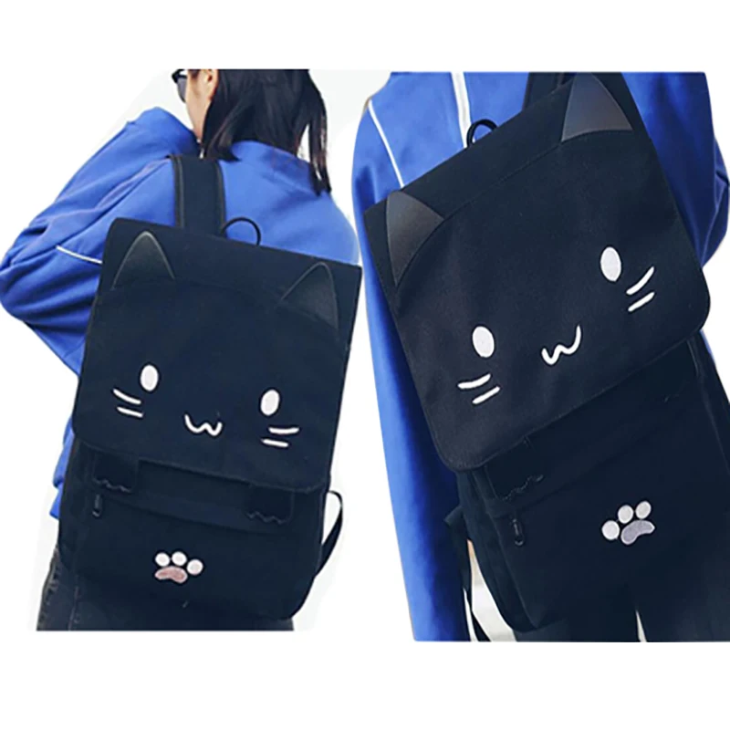 

1Pcs Casual Black Cartoon Embroidery HOT Backpack School Bag Canvas Cute Cat Rucksack