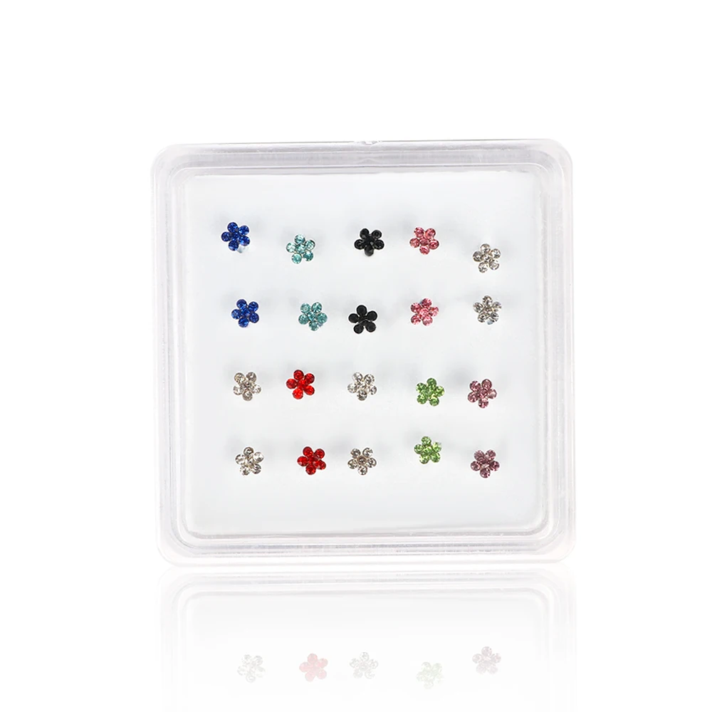 

20pcs/set Colorful Gems Flower Rhinestone Nose Studs Ring Jewelry Body Piercing Beautiful Silver Nose Rings bijoux Hot Sale