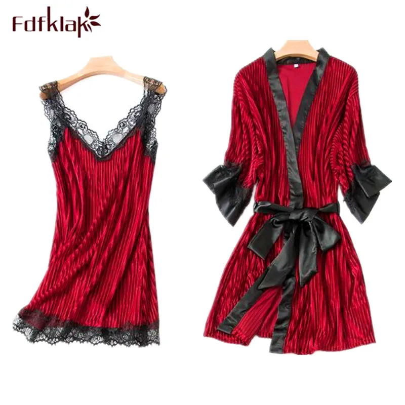 

Fdfklak Autumn winter bathrobe women gold velvet warm robe woman sleepwear two piece set sexy lace dressing gown bath robes