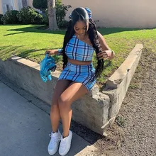 Fashion Sexy Crop Top And Mini Skirt Sets Two Piece Set Women 2019 Summer One Shoulder Plaid Print Summer Outfits Fashion Sexy Crop Top And Mini Skirt Sets Two Piece Set Women 2019 Summer One Shoulder Plaid Print Summer Outfits