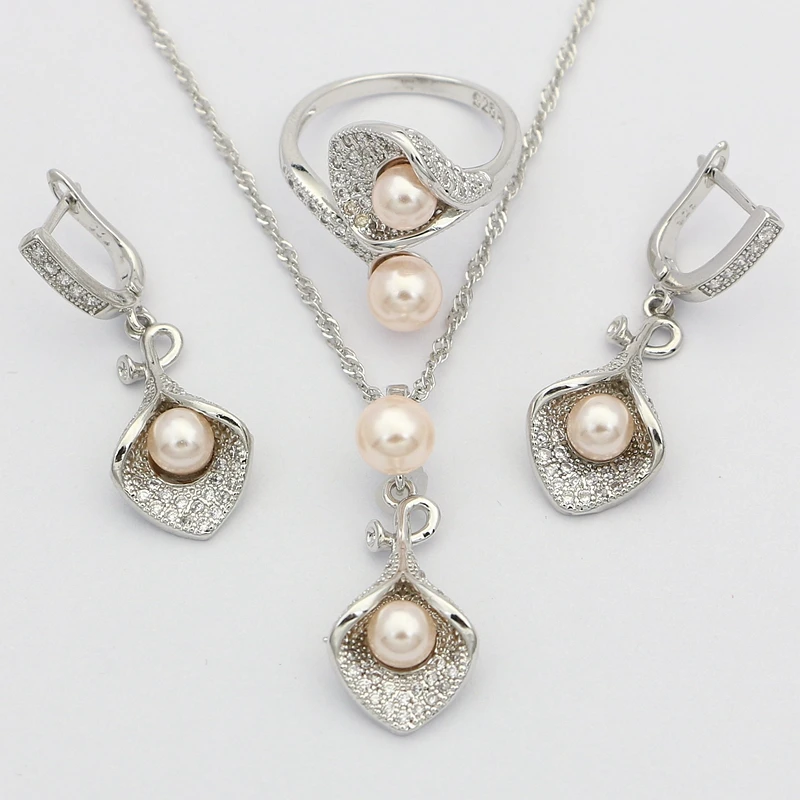 Morning Glory With Pink Pearl 925 Silver Bridal Jewelry Sets For Women