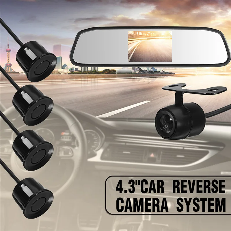

4.3 inch Car mirror Rearview Backup Camera Night Vision Car Rear View Alarm camera System with 4 Parking Sensors Reverse Sensor