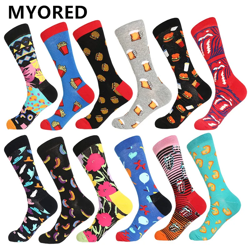 MYORED, 12 пар/лот, цветные мужские носки, авокадо, повседневные, полосатые, клетчатые, удобные, вечерние, подарок, Классические носки