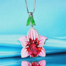 

WindJune Pink Flower Enamel silver Pendant For Women Necklace Chain 925 Sterling Silver Necklace Pendant Wedding Party Jewelry