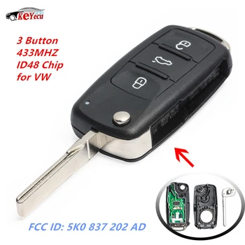 

KEYECU New Smart Remote Key Fob With 3 Button 433MHZ ID48 Chip for Volkswagen New Bora Sagitar Touran FCC ID: 5K0 837 202 AD