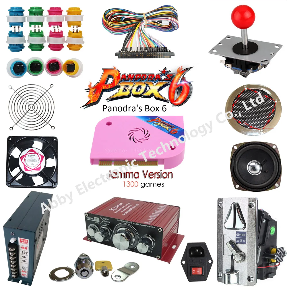 

Arcade Parts Bundles Kit with game elf 1300 in 1 game PCB board, Zippyy joystick, push button switch,coin acceptor,power supply