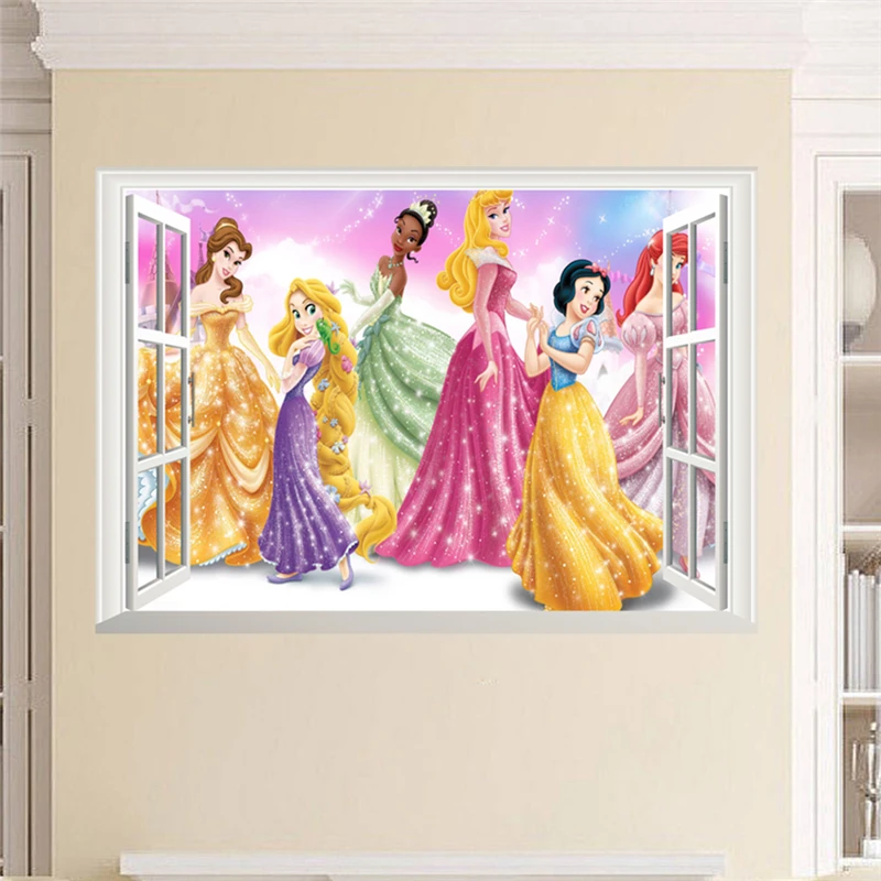 

Cartoon Princess 3D Window Wall Sticker For Kids Rooms Wall Decals Home Decor Adesivo De Pared Mural Poster Girl's Gift