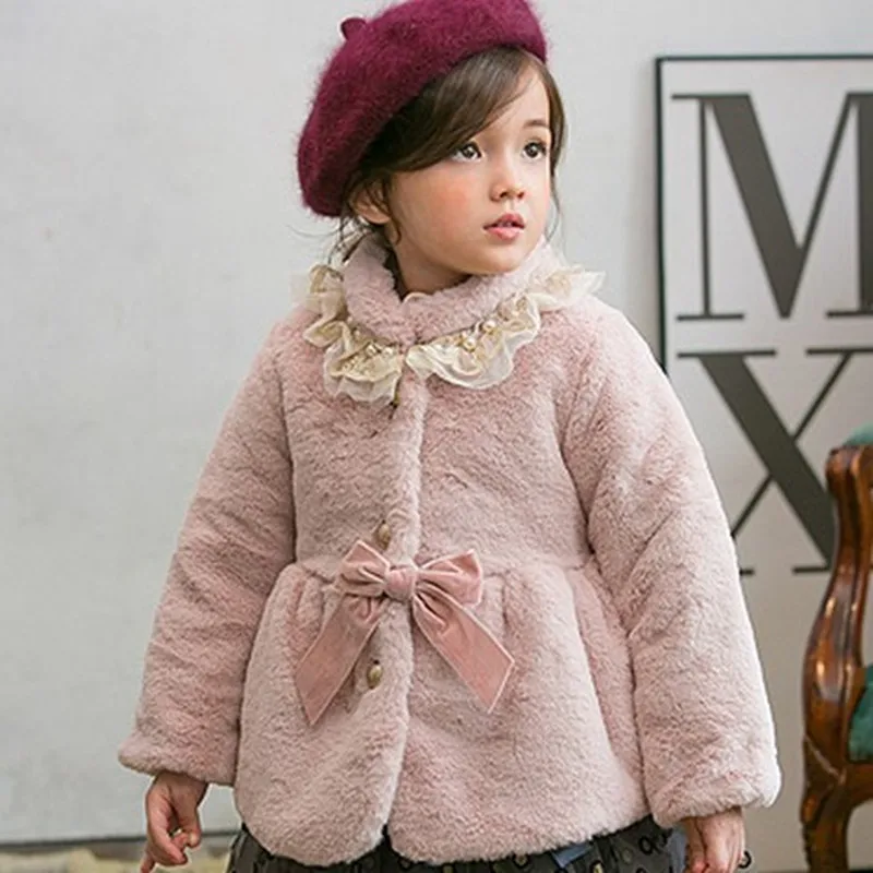 

New Winter Baby Girls Clothes Bow Faux Fur Fleece Coat Lace Warm Jacket Xmas Snowsuit 1-8Y Princess Hooded Jacket Outerwear