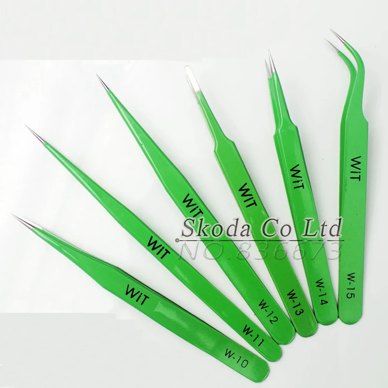 Free Shipping WIT 6pcs/set Green ESD Stainless Tweezers