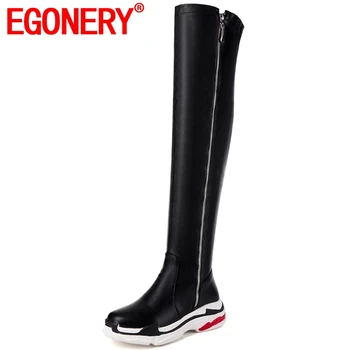 

EGONERY 2021 Winter New Concise Casual Round Toe Women Shoes Med Wedges Platfrom Heel Height 5 Cm Zip Large Size Over Knee Boots
