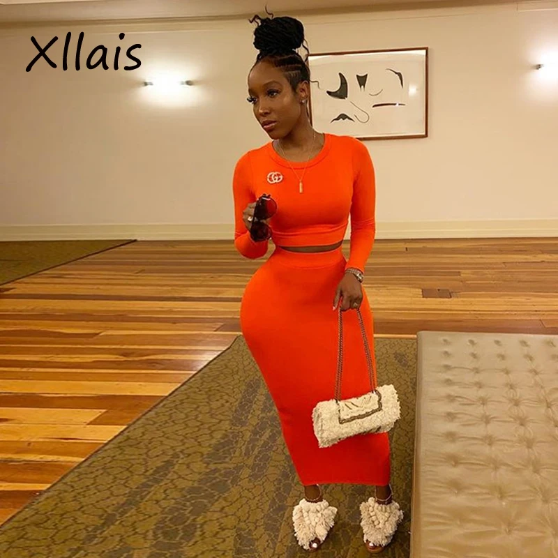 

XLLAIS Good Cotton Material Club Two Piece Set Women Long Sleeve Snug Pullovers T-Shirts High Waist Pencil Skirts Matching Sets