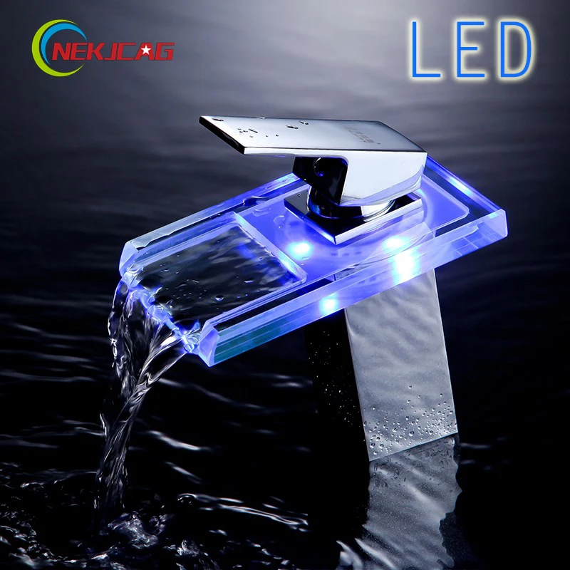 

Free Shipping LED Bathroom Wash Basin Waterfall faucet Hot and Cold Temperature Change Color Single Hole Mixer Tap