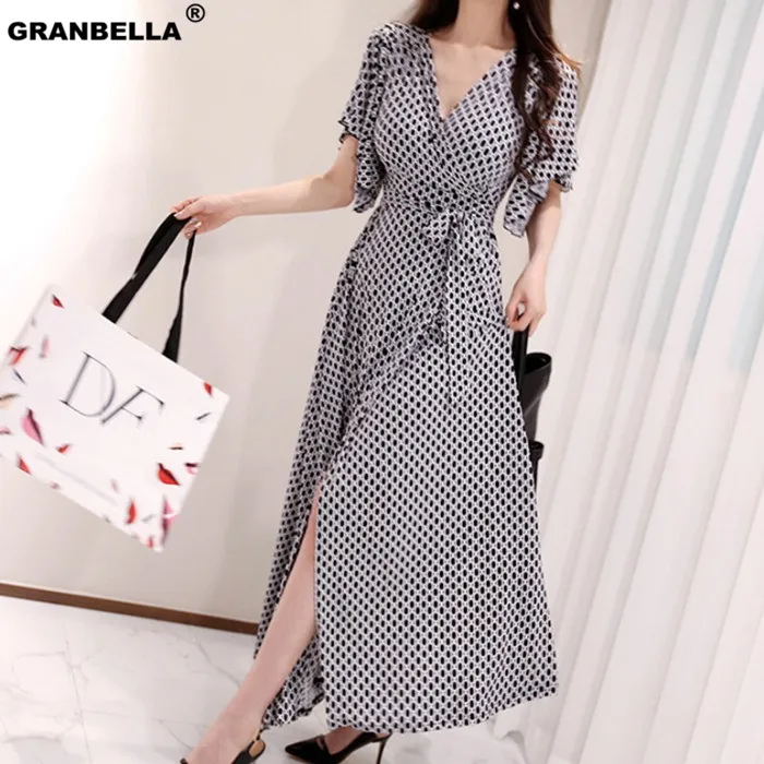 

2019 Summer New Women's Checked Chiffon Maxi Long Dress Vestidos Elegant Office Lady Split Boho Dresses With Belt Work Wear