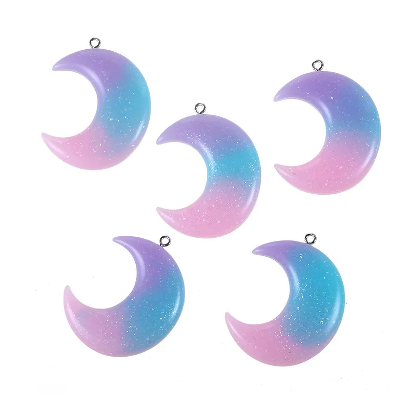 Trendy Glitter Multicolor Pink Half Moon Resin Pendant Charms For Making Jewelry DIY 5pcs