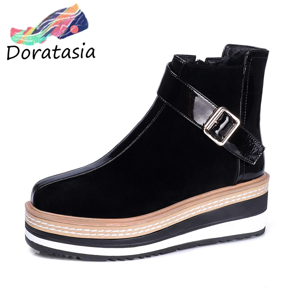 

DORATASIA New Fashion Cow Leather Ladies Flat Platform Cow Suede Buckle Shoes Woman Casual Party Ol Autumn Winter Ankle Bootss
