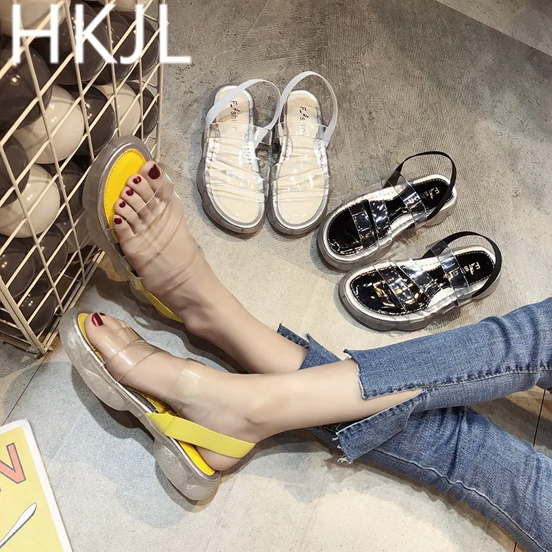 

HKJL Korean version jelly transparent soft bottom sandals for women summer open toe elastic belt women's shoes flat sandals A471