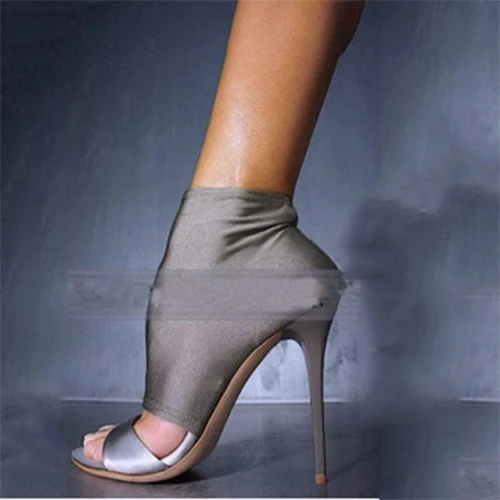 

Cut-outs Design Knitted Short Stretch Sock Booties Slip On Patchwork Summer Ankle Boots Open Toe High Heels Sexy Ladies Shoes