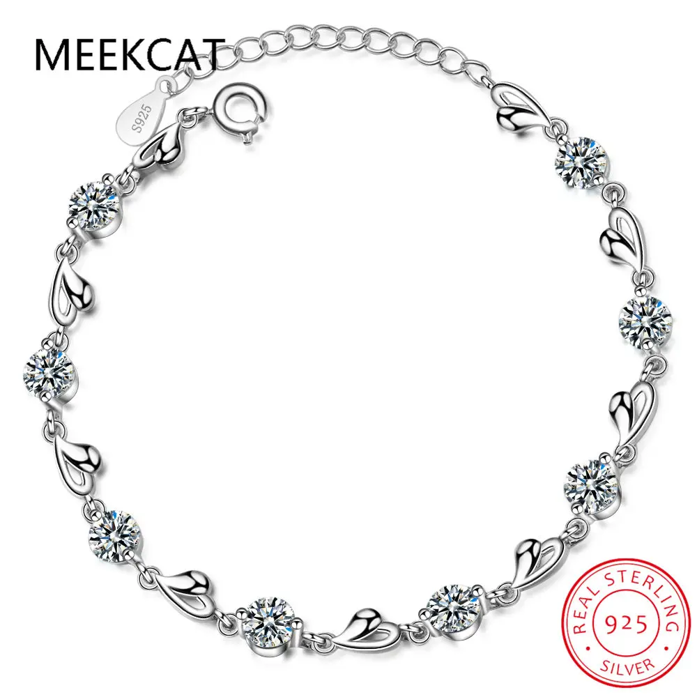 

MEEKCAT Vintage Female 925 Silver Bracelets For Women Accessories Shiny Zirconia Heart Bracelet For Women Wedding Jewelry